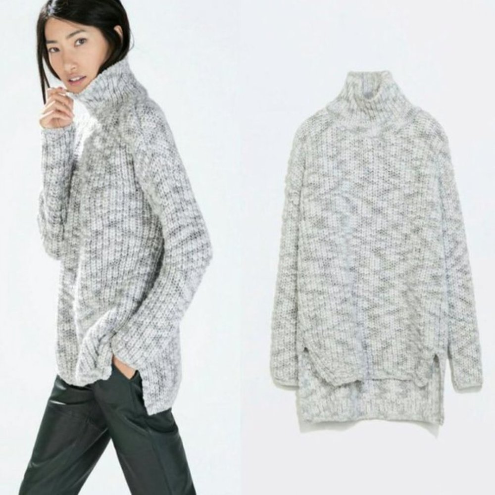 ZARA Knit Oversized Turtleneck Sweater High Low